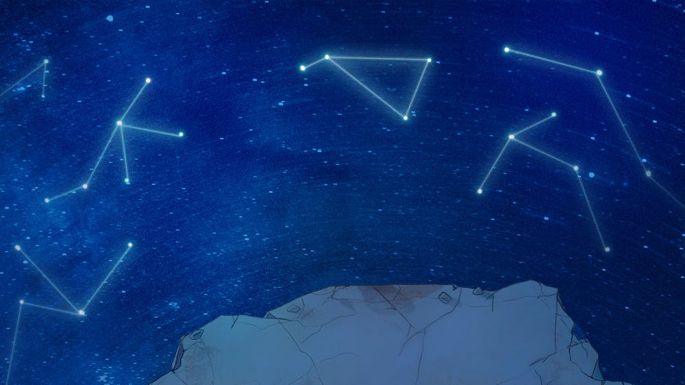 A cliff overlooking a starry night sky with constellations